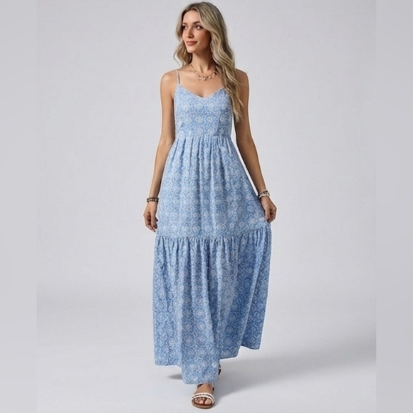 Blue & White Boho Eyelet Embroidered Tiered Maxi Dress - Picture 4 of 10